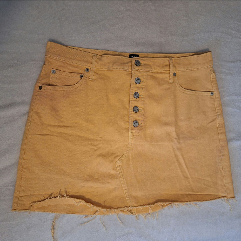 GAP Orange Nectar Mustard Yellow Denim Mini Skirt High Rise Button Fly 14/32